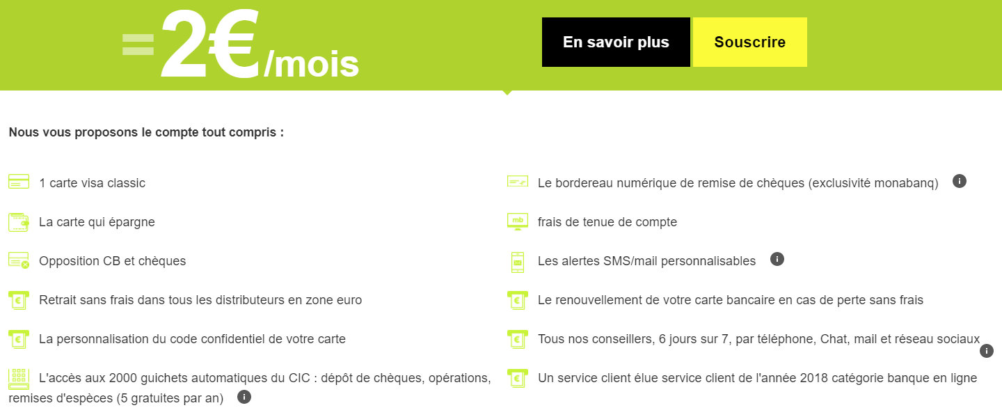Offre Compte Tout Compris à 2€ par mois