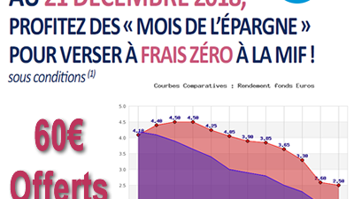 Assurance-Vie MIF : 60€ offerts et frais sur versement exceptionnellement à 0%, pour toute souscription jusqu'au 21 décembre 2018