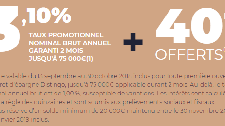 Taux de 3.10% sur le livret épargne DISTINGO de PSA Banque et 40€ offerts, à saisir avant le 30 octobre 2018