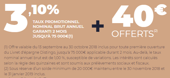 Taux de 3.10% sur le livret épargne DISTINGO de PSA Banque et 40â‚¬ offerts, à saisir avant le 30 octobre 2018