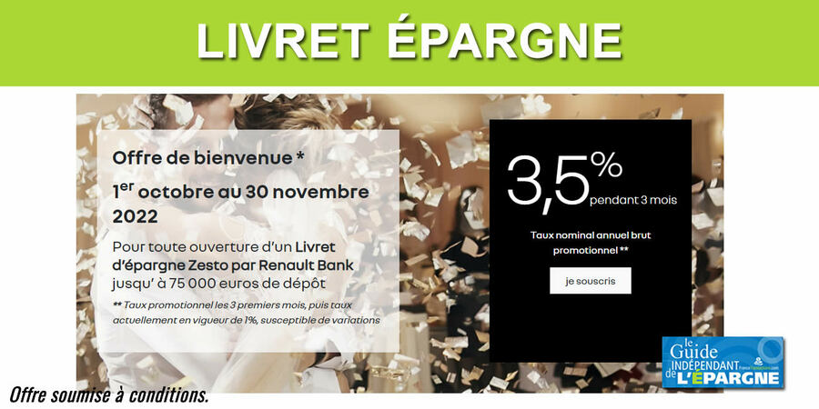 Livret épargne : 3.5% brut proposé sur le livret ZESTO de Renault Bank, à saisir avant le 30 novembre 2022